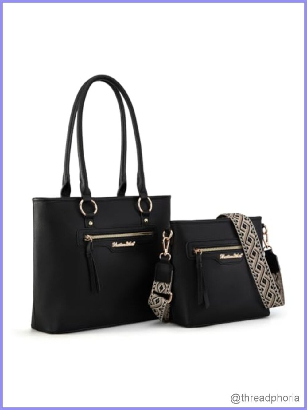 2Pc Vegan Leather Tote Bag & Crossbody Purse Set with Guitar Strap